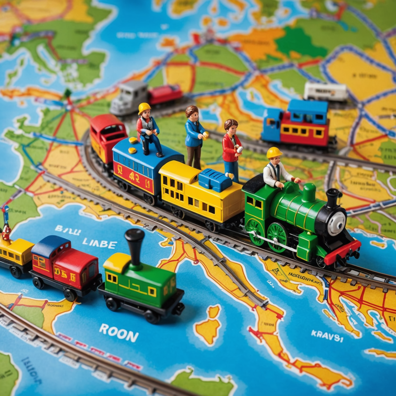 Rodzina grająca w Ticket to Ride, kolorowe wagony na mapie Europy